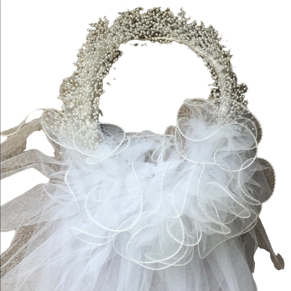 Vintage Wedding Veil Mid Length Tulle Tiny White Seed Pearls Headband 41” Ornate